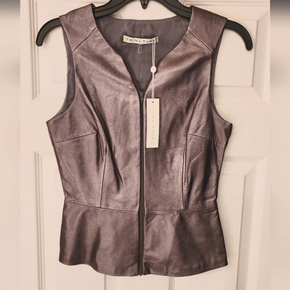 Trina Turk Sleeveless Leather Vest Zip Front In Metallic Silver Size 2 - Picture 5 of 12